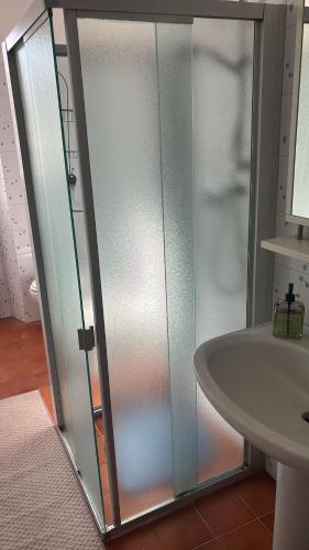 Camera da letto Wilma في فلورنسا: باب دش زجاجي بجوار حوض أبيض