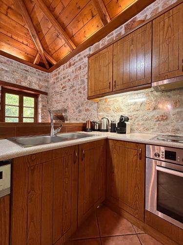 a kitchen with wooden cabinets and a sink at Villa Acroria in Karpenisi in Karpenision
