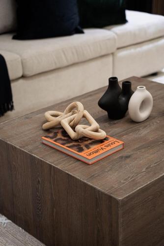 a wooden coffee table with two rope objects on it at The Hudson Apartments in Ilado