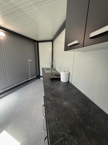 a kitchen with a counter top in a garage at Casa WEEK Dunare in Baziaş