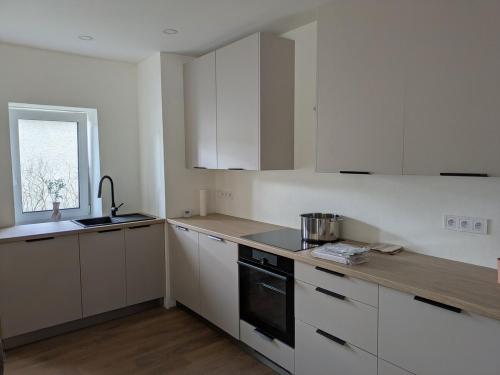 Una cocina con gabinetes blancos y un fregadero. en Villa Hrachovo, 