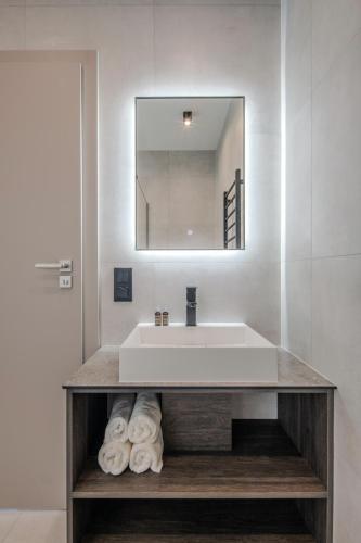 a bathroom with a sink and a mirror at TOPOLIŲ Apartamentai in Palanga