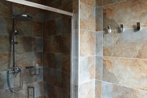 ein Badezimmer mit Dusche mit Glastür in der Unterkunft Magnifique studio au centre historique in Mulhouse