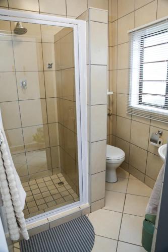 a bathroom with a shower and a toilet at Schutterend in Nieuwe Drift