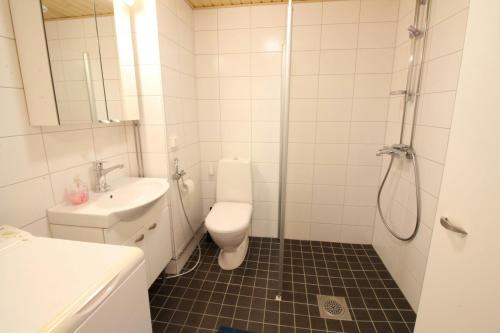 a bathroom with a toilet and a sink and a shower at Central Apartment for 2 in Kerava