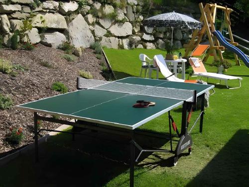 eine Tischtennisplatte im Garten mit Sonnenschirm in der Unterkunft Apartments in Flattach - Kärnten 50 in Flattach