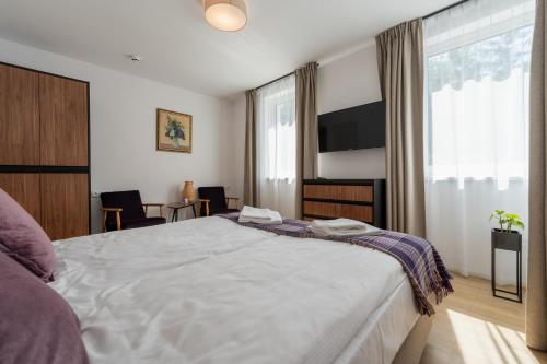 a bedroom with a large bed and a large window at Apartamenty Dolina Jawornika in Wisła
