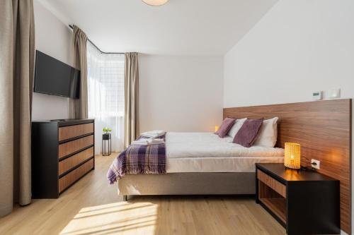 a bedroom with a bed and a desk and a television at Apartamenty Dolina Jawornika in Wisła