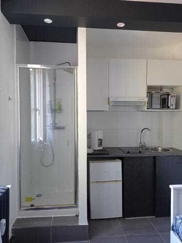La cuisine est équipée d'une douche et d'un évier. dans l'établissement Studio proche de Paris, à Saint-Cloud