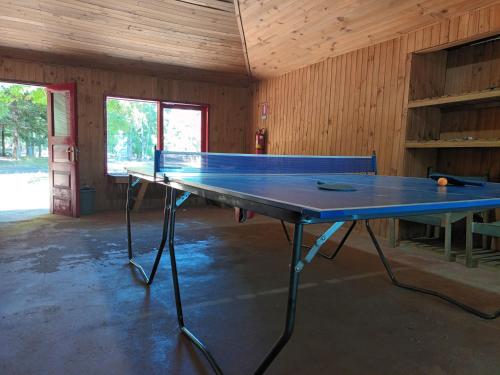 a ping pong table in the middle of a room at White Cottage - Cabaña - Acceso directo a playa y cancha de tenis - Direct beach access and tenis court - Huincalafquen in Caburgua