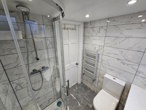 a bathroom with a shower and a toilet and a shower at Fantastic 4 Apartments in Dagenham Dock