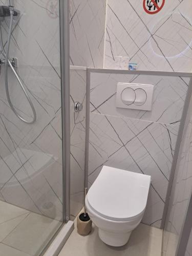 a bathroom with a white toilet and a shower at NEW - Old Town Pearl Apartments in Sarajevo