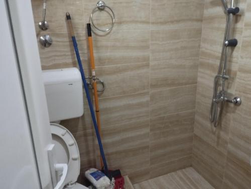 a bathroom with a toilet and two mop at APARTMANI MARIJA in Čanj