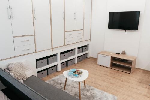a living room with a couch and a tv at Růžena in Znojmo