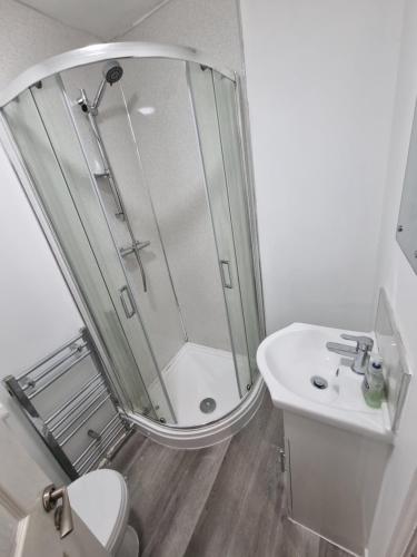 a bathroom with a shower and a toilet and a sink at Generous double bedroom with ensuite - home from home! in Birmingham