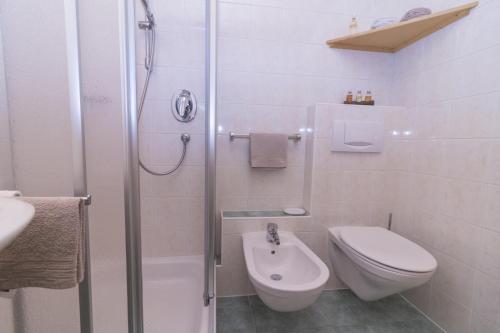 a bathroom with a shower and a toilet and a sink at Innerkumpflhof in Anterselva di Mezzo