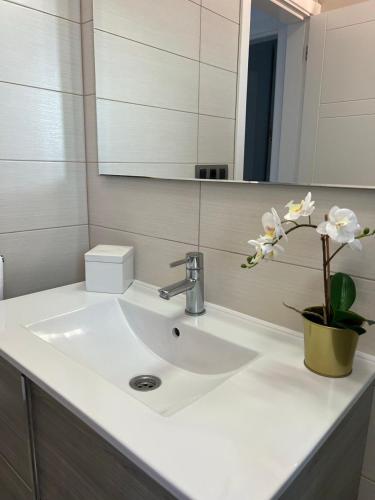 a bathroom sink with a mirror and a vase with flowers at Apartamento Celma in Adeje