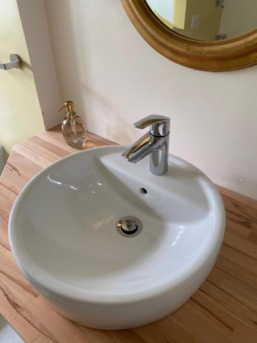a white sink in a bathroom with a mirror at B&B Cà Selvetta in Forcola