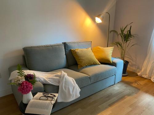 a blue couch with yellow pillows in a living room at B&B Cà Selvetta in Forcola