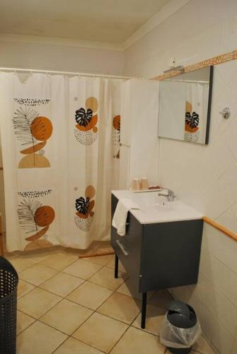 a bathroom with a sink and a shower curtain at Grand Hotel Des Bains & Villas des Bains in Vals-les-Bains