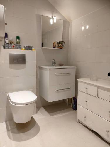 a white bathroom with a toilet and a sink at Béatrice et Michel in Émerainville