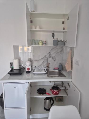 a small kitchen with a sink and a stove at Airport Apartmani Nevena in Mitrovići
