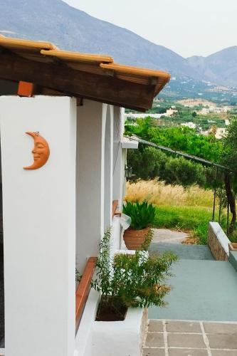 a view from the balcony of a house with a cat on the wall at Agrikia House fully renovated peaceful 1km from Plakias beach in Plakias
