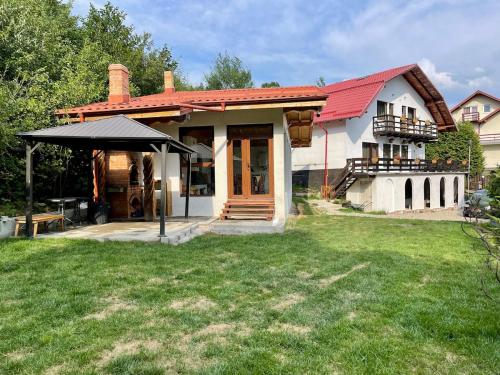a house with a red roof and a yard at Casa Zena Predeluț in Predeluţ