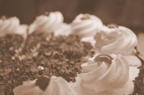 a close up of a cake with white roses at Schnider Bed&Breakfast und Café in Vals