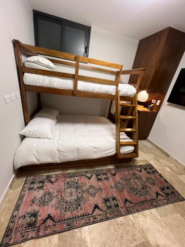a room with two bunk beds with a rug at Brand New on 5th Av The vibrant hearth of the city in Cedro