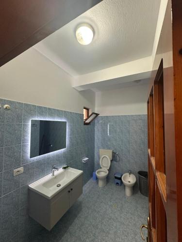 a bathroom with a sink and a toilet and a tv at Dori 102 Apartment in Polisi i Vogël