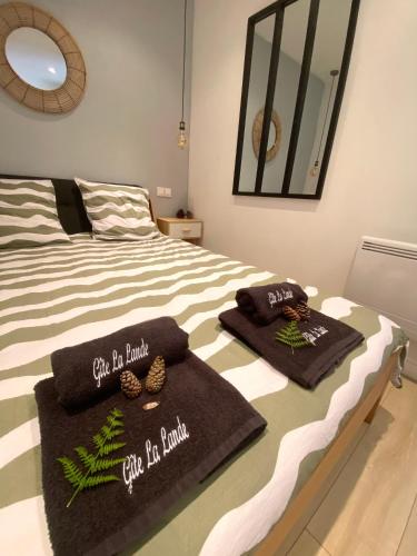 a bedroom with a bed with towels on it at Gîte Pays Basque Domaine de La Lande "Les pins" in Came