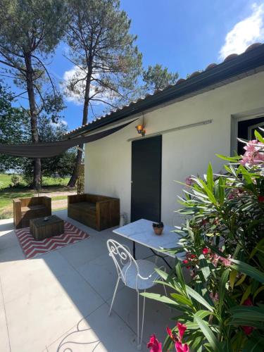 a patio with a table and a chair at Gîte Pays Basque Domaine de La Lande "Les pins" in Came