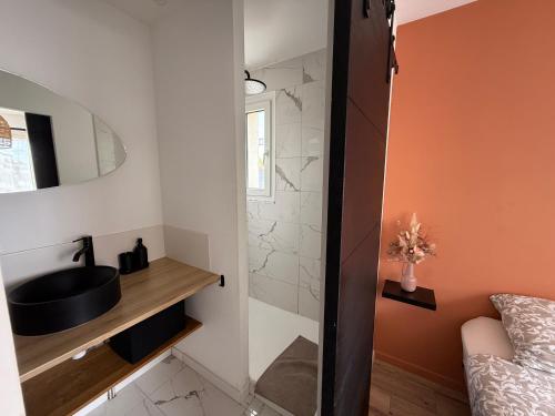 a bathroom with a sink and a shower at Le Coconing Moderne Centre Saint-Sébastien-sur-Loire, proche de Nantes in Saint-Sébastien-sur-Loire