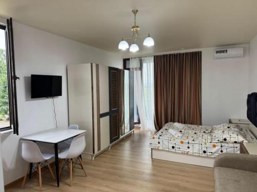 a bedroom with a bed and a table and a desk at Bala Guesthouse 327 in K'obulet'i