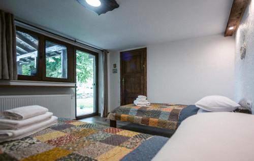 two beds in a room with a window at Lovely Home In Lepoglava With Sauna in Lepoglava