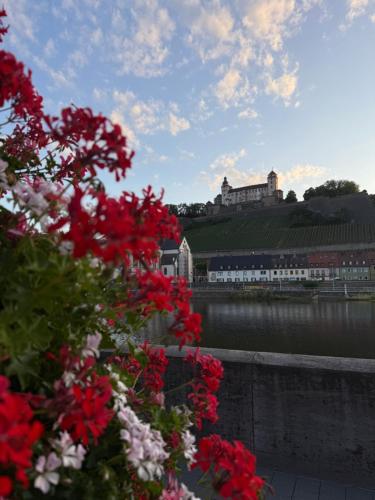 a view of a river with red flowers and a building at Ferienwohnung Karschter Reisehäusle in Karlstadt