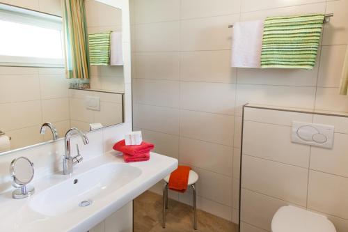 y baño con lavabo, aseo y espejo. en Gästehaus Frischhut, en Nassereith