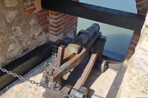 a cannon on the side of a brick building at Kafana Zlatna Ribica in Golubac