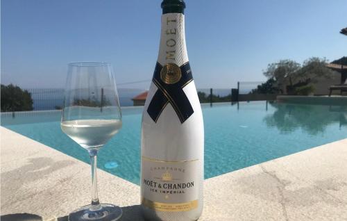 マトゥリにあるVilla Askim Prestige Ariaの- プールサイドのグラス1杯とワイン