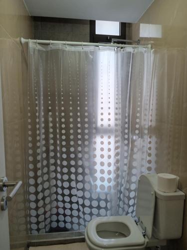 une salle de bain avec un rideau de douche et des toilettes dans l'établissement Sam Lake 3, à Villa Carlos Paz