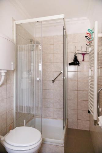 a bathroom with a toilet and a glass shower at Forrás Vendégház in Mórahalom