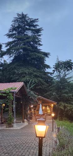 a street light in front of a building with a tree at Green Flowers Farm in Córrego do Bom Jesus