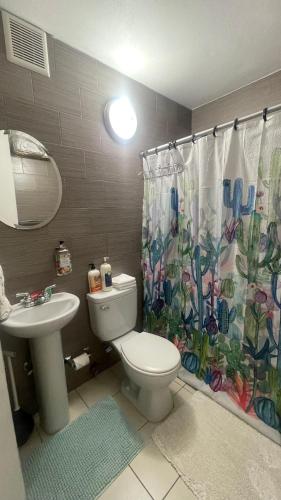 a bathroom with a toilet and a sink and a shower curtain at Casa Campo Alegre in Bayamon
