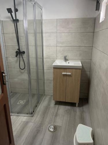 a bathroom with a shower and a sink at Santinho house 2 in Beja