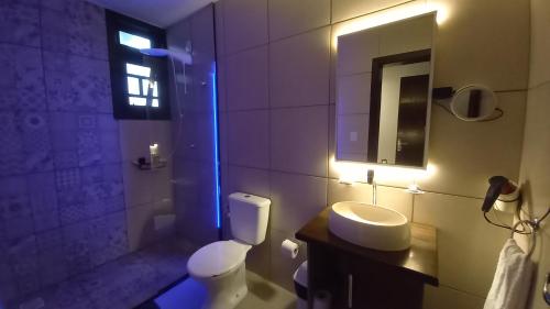 a bathroom with a toilet and a sink and a mirror at Vila Tamú in Praia do Rosa