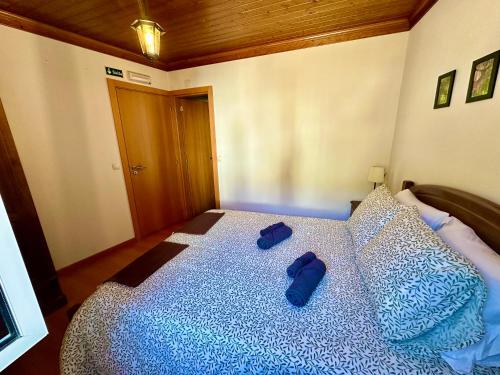 a bedroom with a bed with two blue pillows at Égua Nature House in Piódão