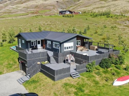 an aerial view of a house on a hill at Luxury Family Getaway in Selfoss