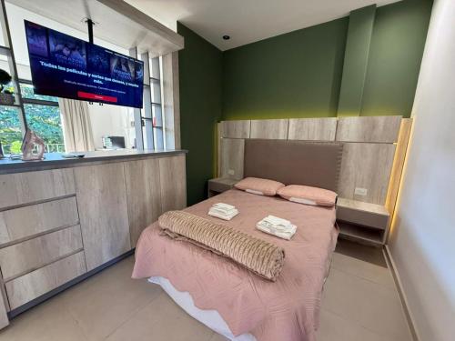 a bedroom with a bed with pink sheets and a tv at Temporarios Moritan 1B in Posadas