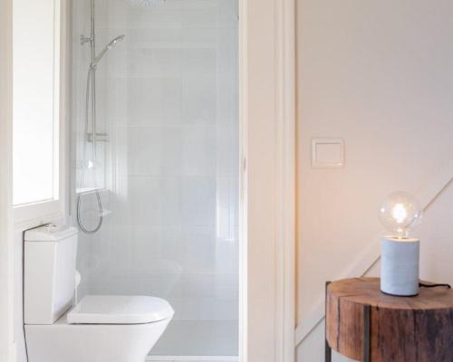 a white bathroom with a toilet and a shower at Quinta de Carcavelos Natures Home in Amarante